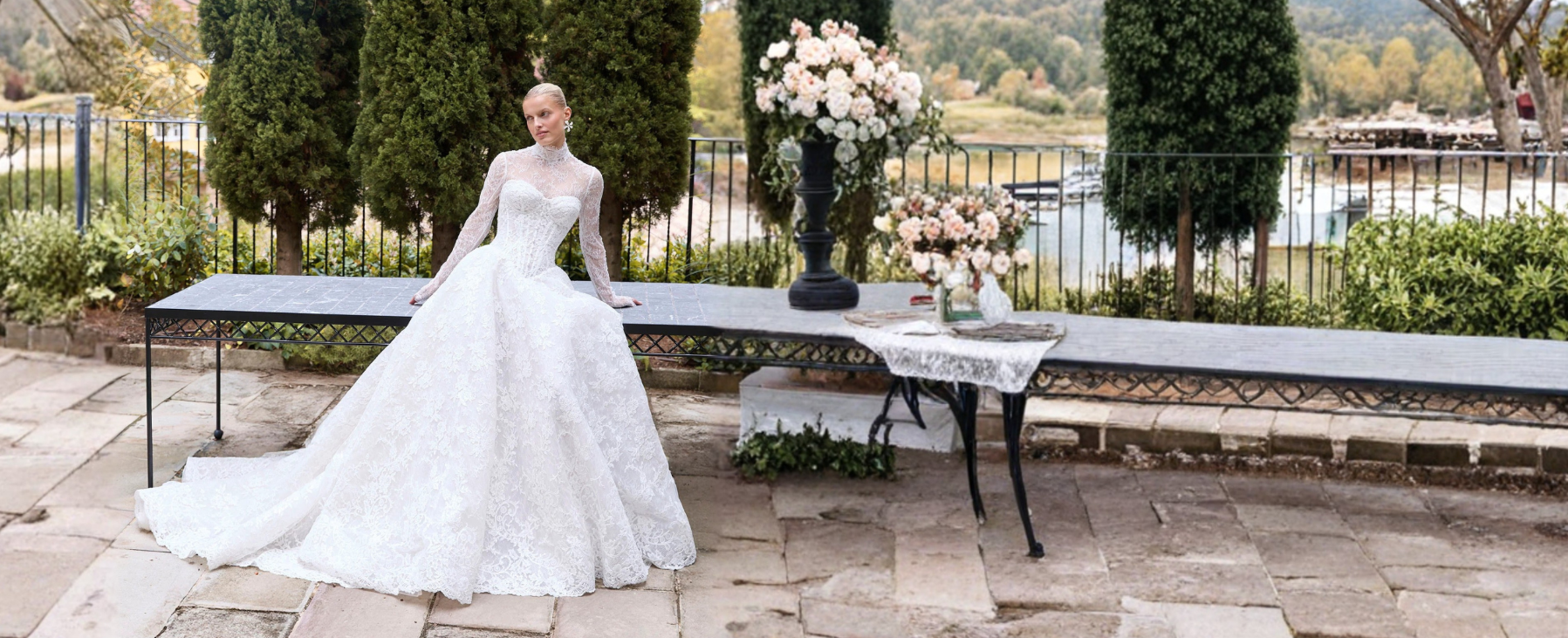 Model wearing a white gown